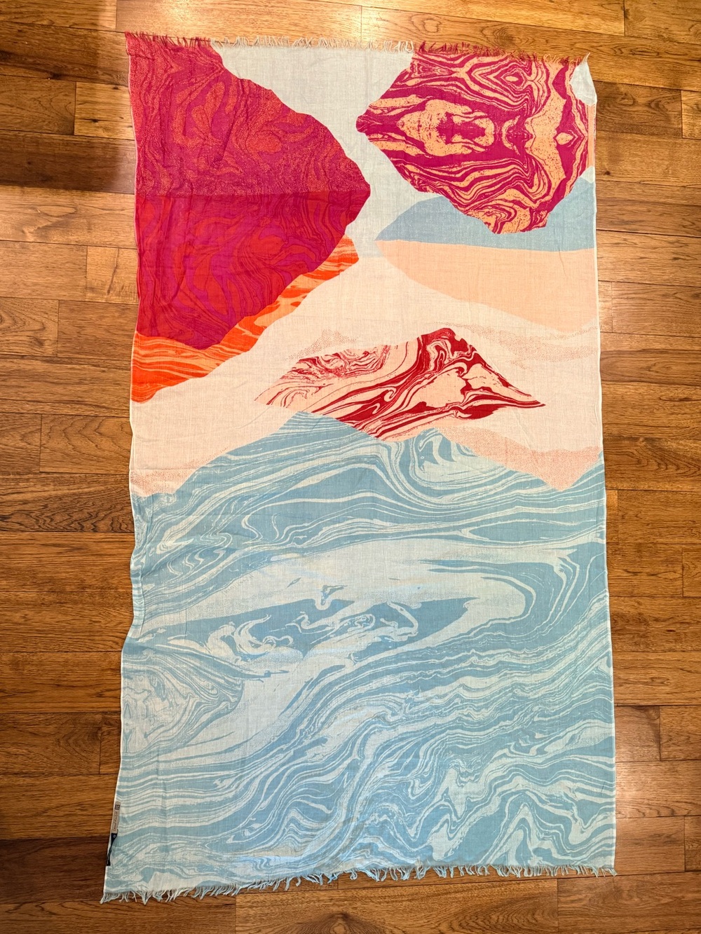 Inoui Toosh Ilaria Marbled Mountain Landscape Cotton Scarf Wrap Blue and Pink